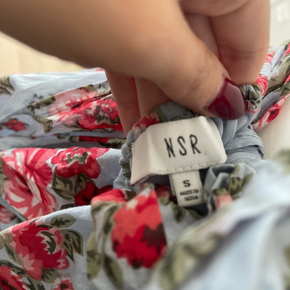 NSR blue with pink floral summer knee length dress size S Prairie Cottagecore - Picture 9 of 10
